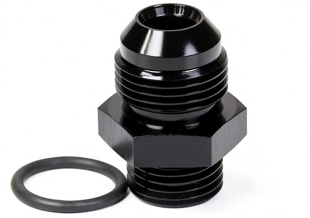 Allstar Performance AN Flare to ORB Adapter showing black aluminum finish and thread details